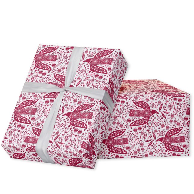 Papel De Presente Pombo Dove Vermelho e Branco Festivo (Peace dove red and white festive bird  folk art gift wrapping paper roll)