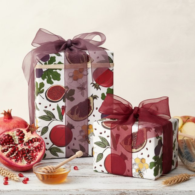 Papel De Presente Pomegranates, Figs and Honey Bees (Pretty Botanical Pomegranate Fruit, Figs, Honey Bees, Honeycomb Wrapping Paper. Jewish Rosh Hashanah)