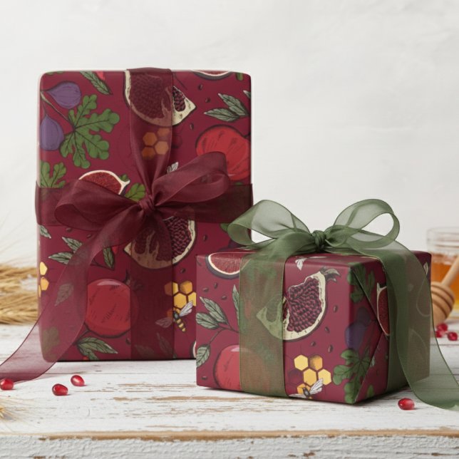 Papel De Presente Pomegranates, Figs and Honey Bees Burgundy (Modern Burgundy Fruit Wrapping Paper.  Pretty Pomegranates, Figs & Bees Pattern for Jewish New Year.)