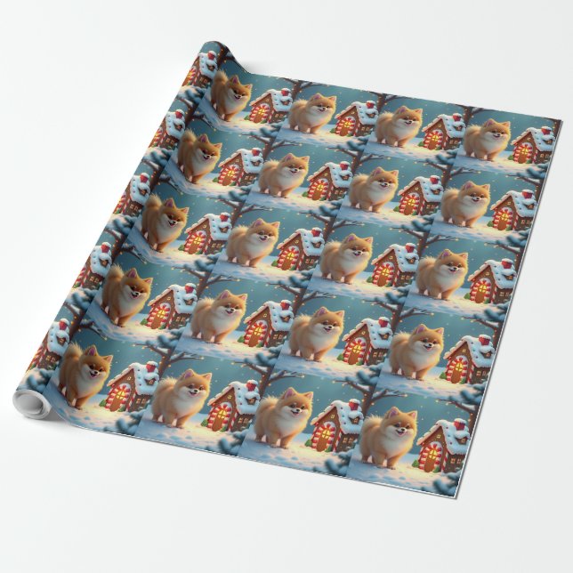 Papel De Presente Pomerânia na Vila de Pão de Mel Natal (Desenrolado)