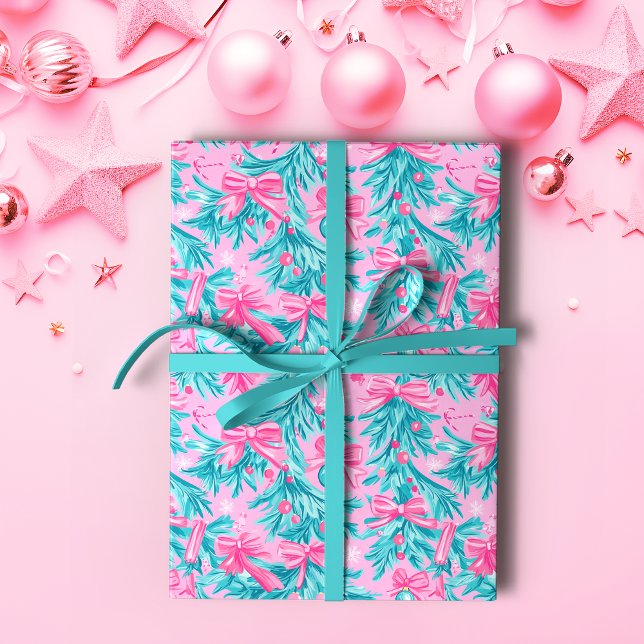 Papel De Presente Pomos e ornamentos de Natal rosa e mint (Criador carregado)