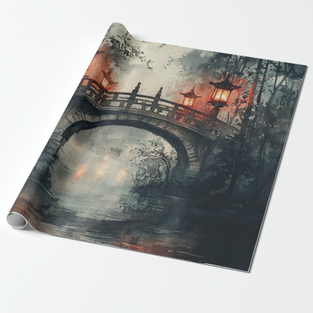 Papel De Presente Ponte Lanterna Aquarela Luar (Desenrolado)