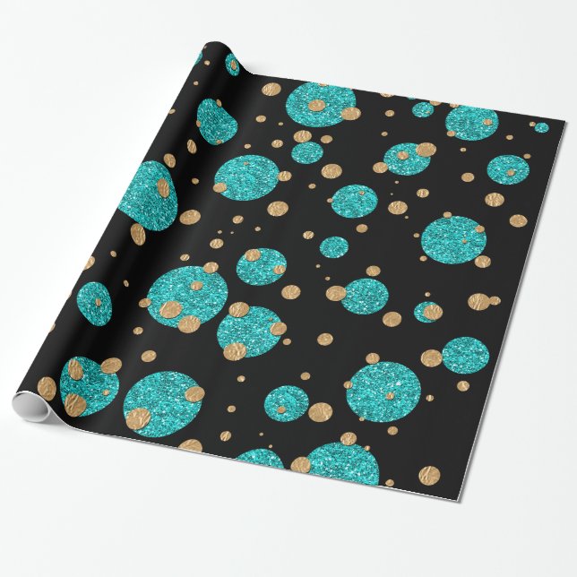 Papel De Presente Ponto de Confetti Dourado Azul Teal (Desenrolado)