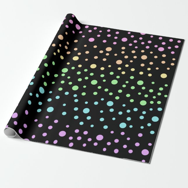 Papel De Presente Pontos de Bolinhas Arco-Íris Preto (Desenrolado)