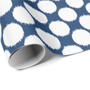 Papel De Presente Pontos gigantes de Ikat, pontos brancos em azul co