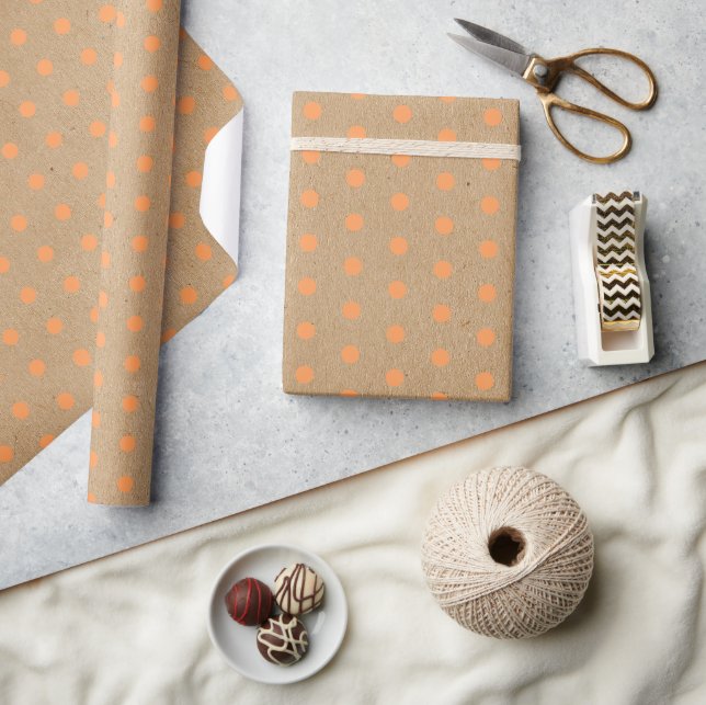 Papel De Presente Pontos Laranja de Verão em Kraft Marrom Rústico Fa (Artesanato)