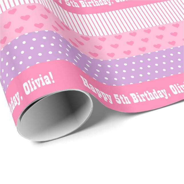 Papel De Presente Pontos Pintados Roxos Corações Listras Modelo (Ponta do rolo)