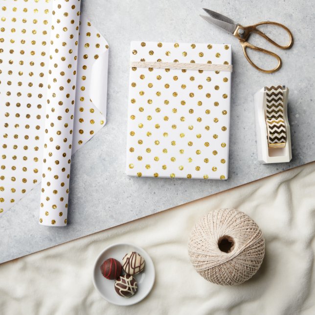 Papel De Presente Pontos polka dourados em branco (Artesanato)