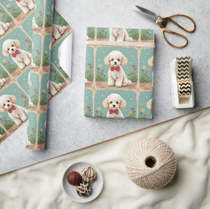 Papel De Presente Poodle branco adorável com gravata borboleta