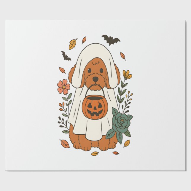 Papel De Presente Poodle de Halloween com Flores de Outono (Aberto)