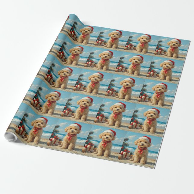 Papel De Presente Poodle Dog Christmas Vintage Beach (Desenrolado)