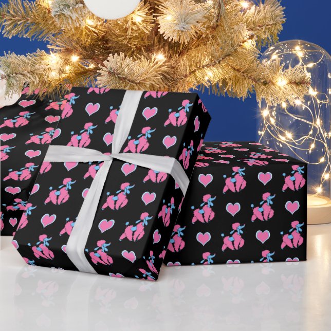 Papel De Presente Poodles e Corações Rosa e Azul em Preto (Feriados)