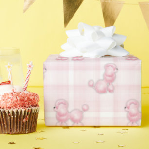 Papel De Presente Poodles Franceses Rosa Na Xadrez