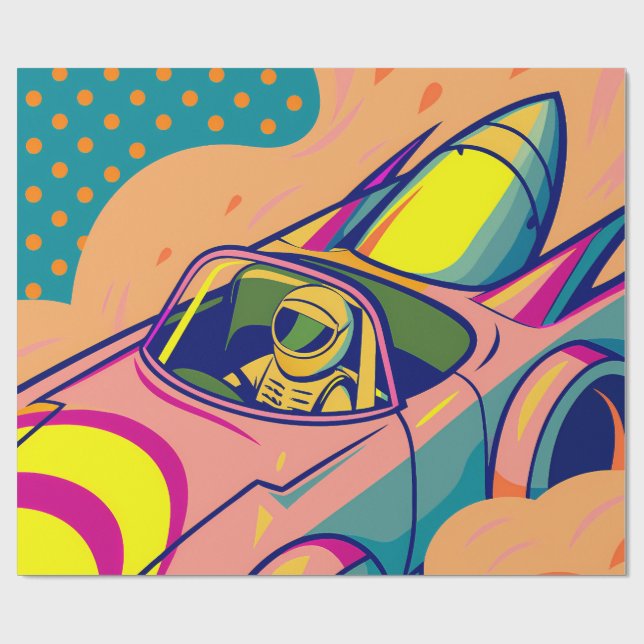 Papel De Presente Pop Art Astronaut Driving Rocket Car (Aberto)