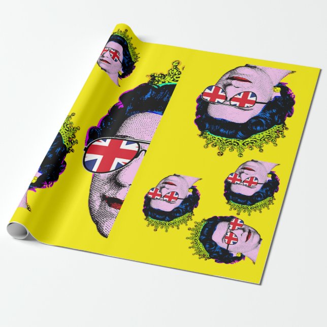 Papel De Presente Pop art Modern HM Queen com óculos Union Jack (Desenrolado)