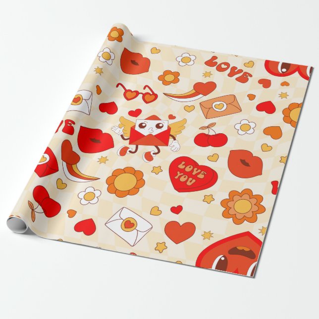 Papel De Presente pop de namorados de arte groovy dos anos 60 (Desenrolado)