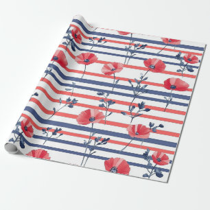 Papel De Presente Poppí floral costeiro vermelho listra branca marin