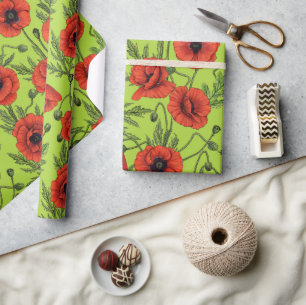 Papel De Presente Poppies, vermelhos e verdes no verde limão