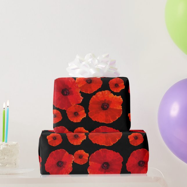 Papel De Presente Poppies vermelhos grandes em preto (Presentes para festas)
