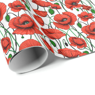 Papel De Presente Poppies vermelhos num campo de branco