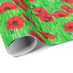 Papel De Presente Poppies vermelhos num campo verde