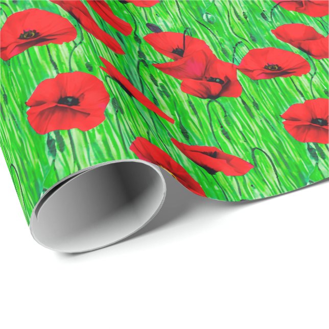 Papel De Presente Poppies vermelhos num campo verde (Ponta do rolo)