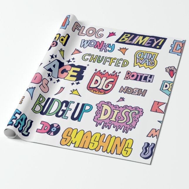 Papel De Presente Popular Inglês - Letra Doodle Palavras em gíria (Desenrolado)