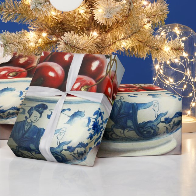 Papel De Presente Porcelana Azul e Cerejas (Feriados)
