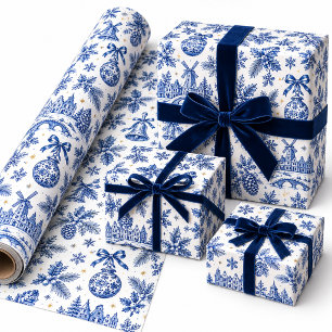 Papel De Presente Porcelana Branca e Azul Delft Natal Holandesa