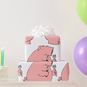Papel De Presente Porco Hambriento Engraçado Segurando Garfo e Faca
