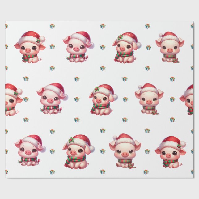 Papel De Presente Porcos Kawaii, Natal Adorável, em Branco II (Aberto)
