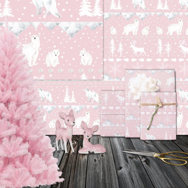 Papel De Presente Porquinhos-verduais brancos, suecos nórdicos, Boni (Nordic Sweater White Winter Animals Pretty Pink Wrapping Paper Rolls)