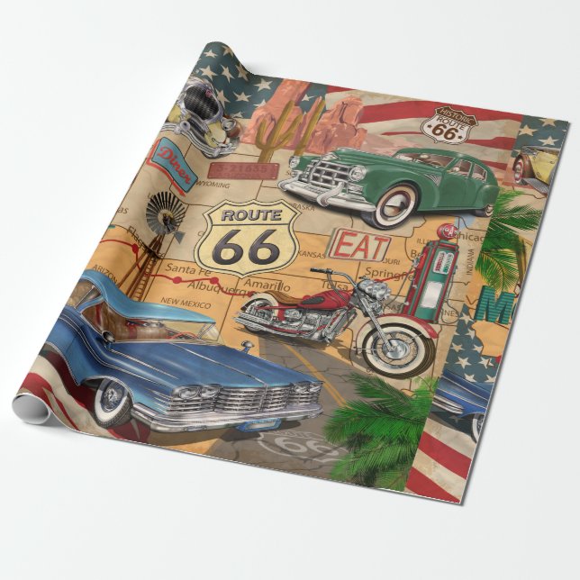 Papel De Presente Poster Vintage Route 66. (Desenrolado)