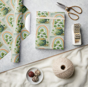 Papel De Presente Pote de Ouro Vintage e Padrão de Arco-Íris