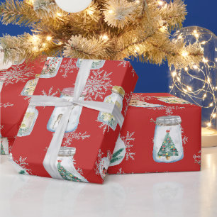 Papel De Presente Potes de Natal e Flocos de Neve Vermelhos