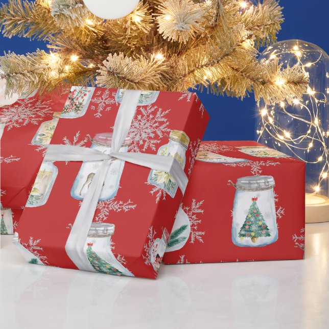 Papel De Presente Potes de Natal e Flocos de Neve Vermelhos   (Feriados)