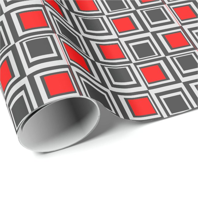 Papel De Presente Praças modernas, vermelho, cinza e preto (Ponta do rolo)