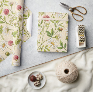 Papel De Presente Prado Boho Creme com Margaridas e Trevo