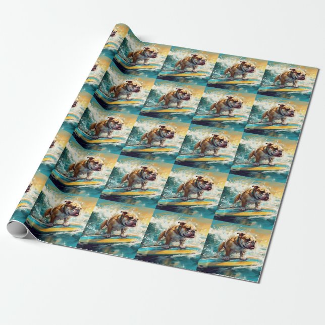Papel De Presente Praia de Surf de Bulldog Pintura (Desenrolado)