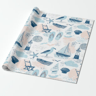 Papel De Presente Praia Náutica Verão Azul Rosa Costeiro (2)