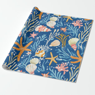 Papel De Presente Praia Retro Concha Laranja Rosa Amarelo Azul