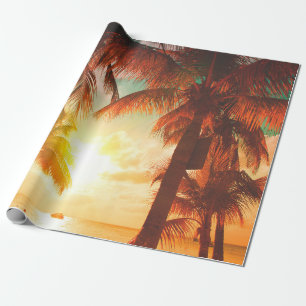 Papel De Presente Praia sunset com palmeiras e belas planícies do c