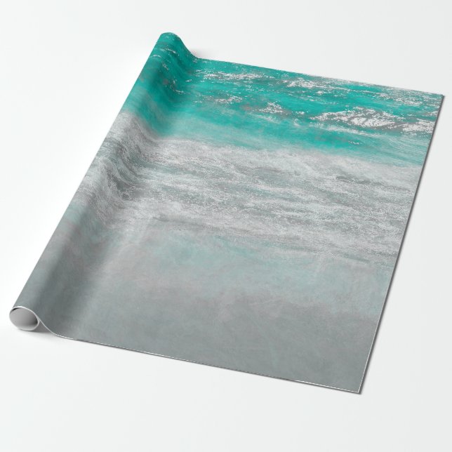 Papel De Presente Praia Turquesa Ocean Onda Arte Costeira Tropical (Desenrolado)