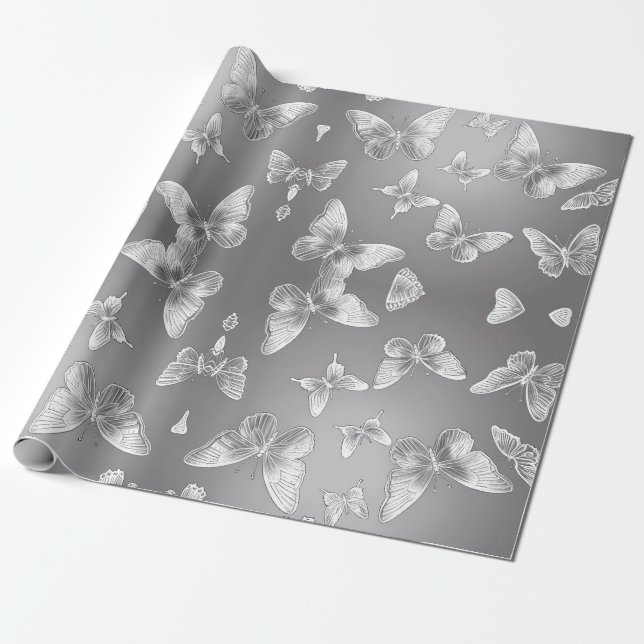 Papel De Presente Prata Borboletas Selvagens (Desenrolado)