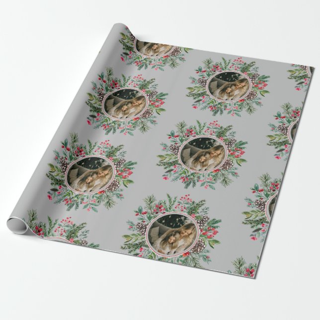 Papel De Presente Prata de Fotografias de Natal Elegante (Desenrolado)