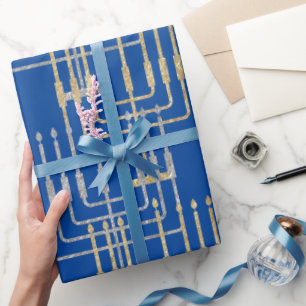 Papel De Presente Prata e Dourado Menorahs Moderno Quadrado Hanukkah