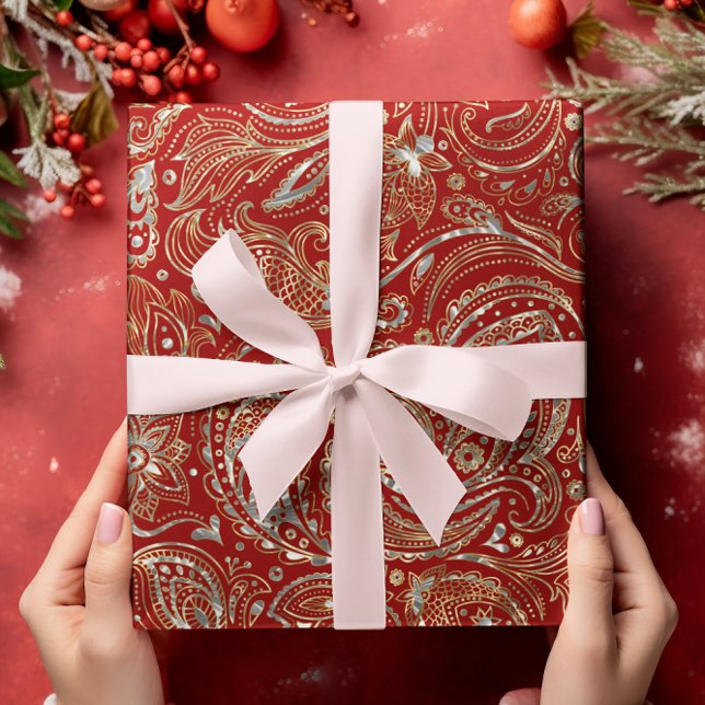 Papel De Presente Prata Vermelha Escura e Brilhante e Dourada Paisle (Criador carregado)