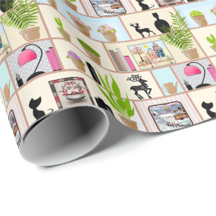Papel De Presente Prateleiras com flores, livros e decorações