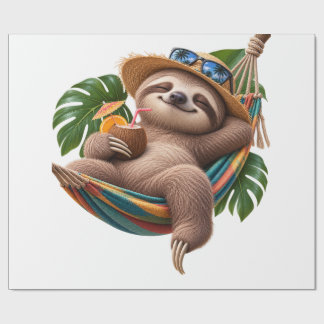 Papel De Presente Preguiça Fofa Relaxando em uma Rede – Férias Tropi