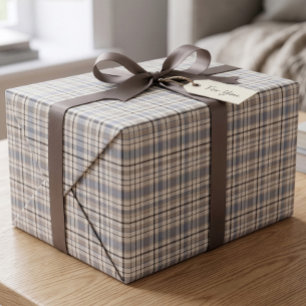 Papel De Presente Preppy Clássico Xadrez Escocês Azul Bege Po Azul-c